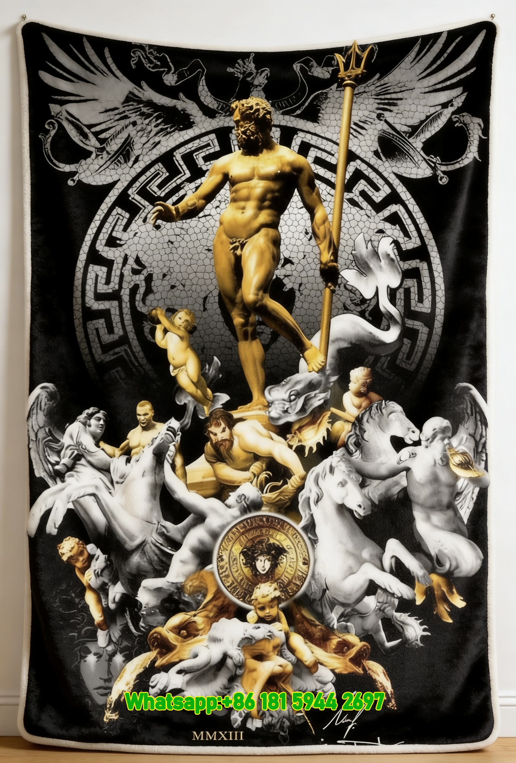 Versace Gold Greek Mythology Poseidon Print Flannel Sofa Throw Blanket IMG_1410